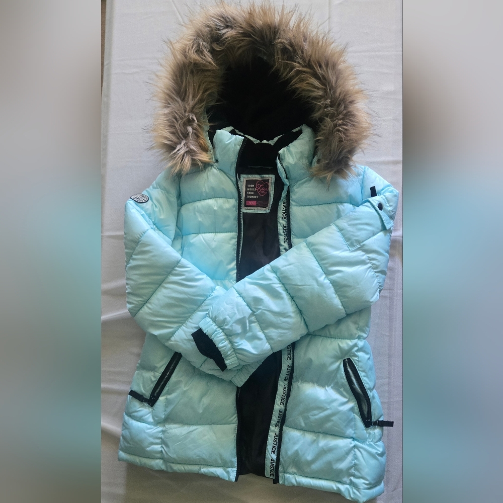 Justice Aqua Puffer Jacket with Faux Fur Trim